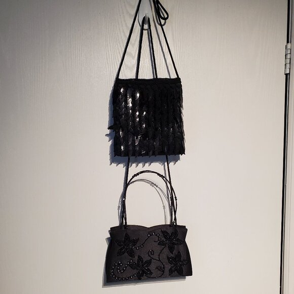 2 HAND Evening Shoulder Bags, Purses Black Beaded & Sequined - AS NEW Condition. - Picture 1 of 8